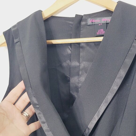 Elena Wang Classic Black Satin V-Neck Trim Pockets Sleeveless Faux Wrap Dress S - Picture 7 of 12